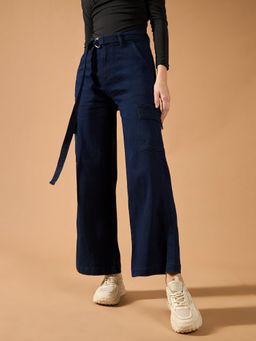 DOLCE CRUDO - Womens Navy Blue Wide Leg High Rise Stretchable Cargo Jeans