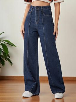 DOLCE CRUDO - Womens Navy Blue Wide Leg High Rise Non Stretchable Jeans