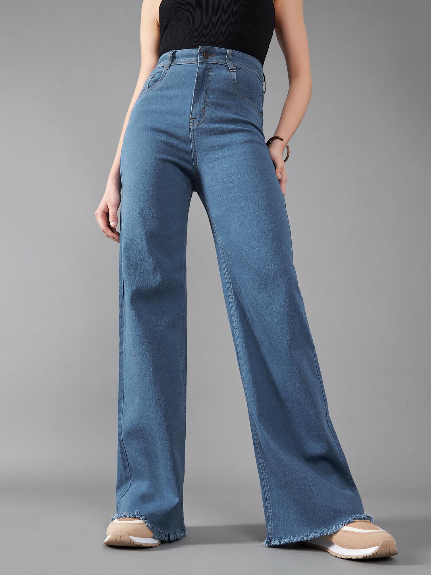 dolce crudo Womens Mid Blue Wide Leg High Rise Stretchable Jeans-picture-13