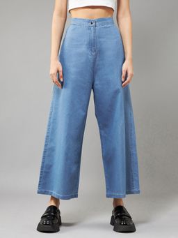 DOLCE CRUDO - Womens Blue Flared Wide Leg High Rise Non Stretchable Jeans