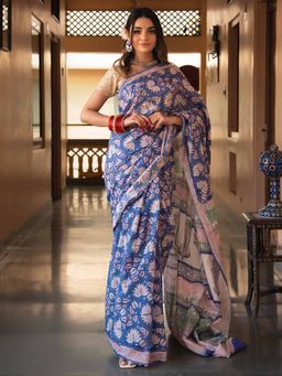 Mayurie - Fifi Jaal Hand Block Printed Cotton Saree with Unstitched Blouse
