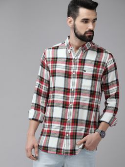 The Bear House - Men Red Slim Fit Checked Fannel Casual Shirt