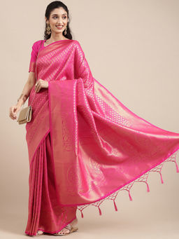 Akhilam - Pink Festive Silk Blend Woven Design Saree With Unstitched Blouse