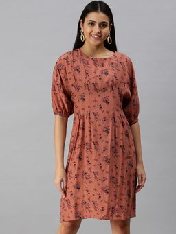 SHOWOFF - Women Rust Floral Round Neck Dress