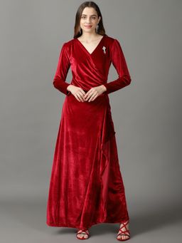 SHOWOFF - Womens Wrap Red Solid Maxi Dress