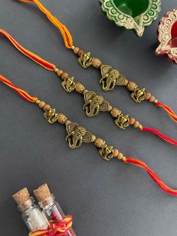 Digital Dress Room - Beautiful Chandan Ki Rakhi Ganesha God Elephant Mauli Thread Rakhee (Pack of 3)