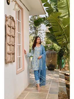 Karaj Jaipur - Blue Jute Printed Kurta with Pant and Dupatta (Set of 3)