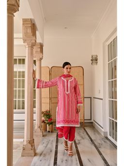 Karaj Jaipur - Red Stripe Kurta with Pant and Dupatta (Set of 3)
