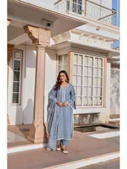 Karaj Jaipur - Powder Blue Lace Schiffali Kurta with Pant and Printed Dupatta (Set of 3)