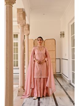 Karaj Jaipur - Rose Pink Schiffali Kurta Sharara with Kurta and Dupatta (Set of 3)