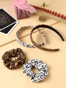 Yellow Chimes - Girls White & Brown Animal Printed Set of 2 Hairbands with 2 Scrunchies