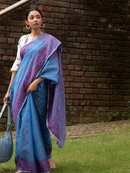 Beatitude - Blue Cotton Silk Jacquard Jamdani Saree Without Blouse