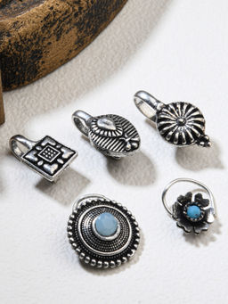Fida - Ethnic Silver Plated Turquoise Stone Studded Nose Pin for Women (Set of 5)