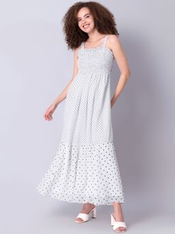 FabAlley - White Polka Strappy Smocked Back Tie Dress