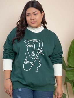 CURVY STREET - Green Cotton High Neck Full Sleeves Printed Sweatshirt