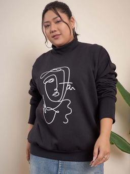 CURVY STREET - Black Cotton High Neck Full Sleeves Printed Sweatshirt