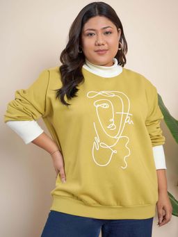 CURVY STREET - Yellow Cotton High Neck Full Sleeves Printed Sweatshirt