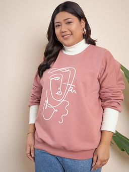 CURVY STREET - Pink Cotton High Neck Full Sleeves Printed Sweatshirt