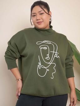 CURVY STREET - Olive Cotton High Neck Full Sleeves Printed Sweatshirt