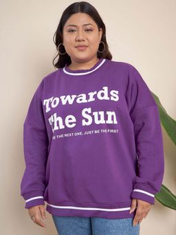 CURVY STREET - Purple Cotton Round Neck Full Sleeves Typography Sweatshirt
