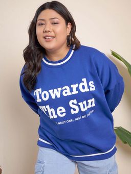 CURVY STREET - Blue Cotton Round Neck Full Sleeves Typography Sweatshirt