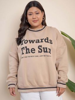 CURVY STREET - Beige Cotton Round Neck Full Sleeves Typography Sweatshirt