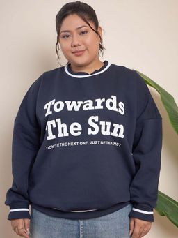 CURVY STREET - Navy Blue Cotton Round Neck Full Sleeves Typography Sweatshirt