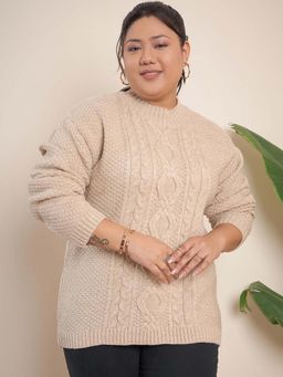 CURVY STREET - Beige Acrylic Round Neck Full Sleeves Textured Sweater