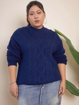 CURVY STREET - Blue Acrylic Round Neck Full Sleeves Textured Sweater