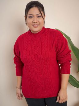 CURVY STREET - Red Acrylic Round Neck Full Sleeves Textured Sweater