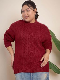 CURVY STREET - Maroon Acrylic Round Neck Full Sleeves Textured Sweater