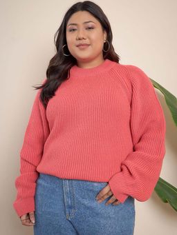 CURVY STREET - Coral Acrylic Round Neck Full Sleeves Textured Sweater