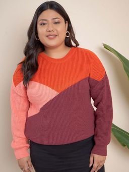 CURVY STREET - Multi-Color Acrylic Round Neck Full Sleeves Colorblock Sweater