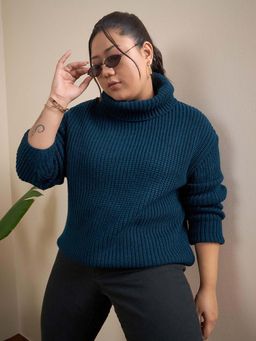 CURVY STREET - Teal Acrylic Turtle Neck Full Sleeves Solid Sweater