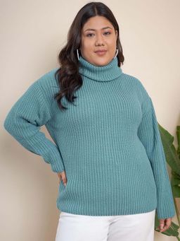 CURVY STREET - Turquoise Acrylic Turtle Neck Full Sleeves Solid Sweater