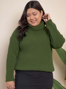CURVY STREET - Green Acrylic Turtle Neck Full Sleeves Solid Sweater