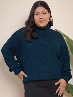 CURVY STREET - Teal Acrylic Turtle Neck Full Sleeves Solid Sweater