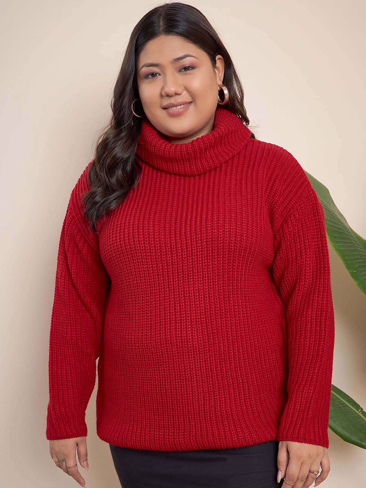 Red Acrylic Turtle Neck Full Sleeves Solid Sweater-image-4