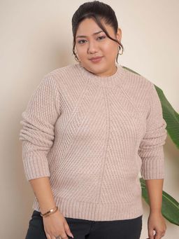 CURVY STREET - Beige Acrylic Round Neck Full Sleeves Solid Sweater