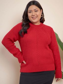 CURVY STREET - Red Acrylic Round Neck Full Sleeves Solid Sweater