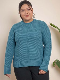 CURVY STREET - Teal Acrylic Round Neck Full Sleeves Solid Sweater