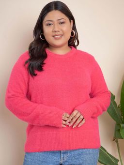 CURVY STREET - Pink Acrylic Round Neck Full Sleeves Solid Sweater