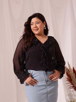 CURVY STREET - Black Georgette V-Neck Full Sleeves Printed Top