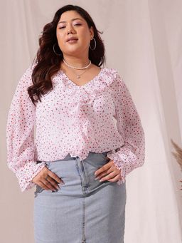 CURVY STREET - White Georgette V-Neck Full Sleeves Printed Top