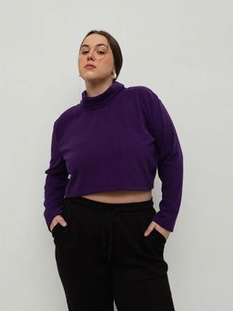 CURVY STREET - Purple Polyester Turtle Neck Full Sleeves Solid Crop Top