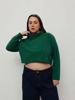 CURVY STREET - Green Polyester Turtle Neck Full Sleeves Solid Crop Top