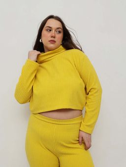 CURVY STREET - Yellow Polyester Turtle Neck Full Sleeves Solid Crop Top