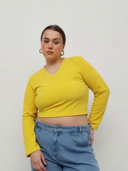 CURVY STREET - Yellow Polyester V-Neck Full Sleeves Solid Crop Top
