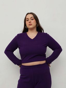 CURVY STREET - Purple Polyester V-Neck Full Sleeves Solid Crop Top