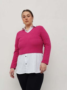 CURVY STREET - Pink Polyester V-Neck Full Sleeves Solid Crop Top